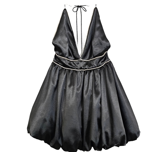 Nwot Lena Black Satin Halter Deep Plunge Rhinestone Trim Bubble Cocktail Dress - Picture 13 of 17